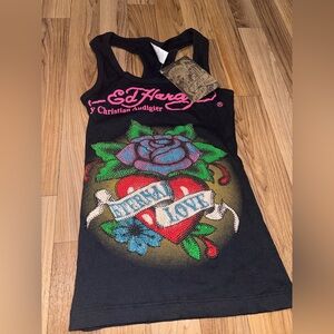 Ed Hardy Black Tank with Vibrant Rose and Heart Design
